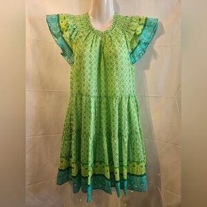 Hale Bob Lime Green Tiered Ruffle Mini Dress XS Flutter Sleeve Boho Cotton